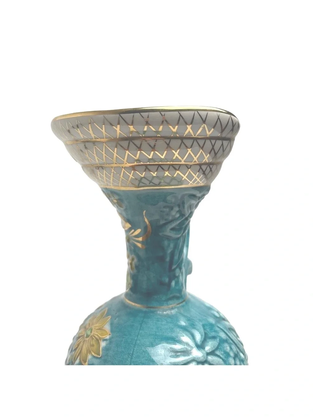 Vintage H Bequet Quaregnon Decorative Floral Pitcher Vase with Gold Accents